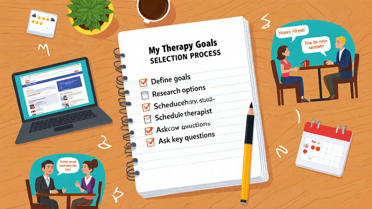 Kontrolní seznam výběru terapeuta: výzkum, úvodní schůzky a otázky, v karikatuře.