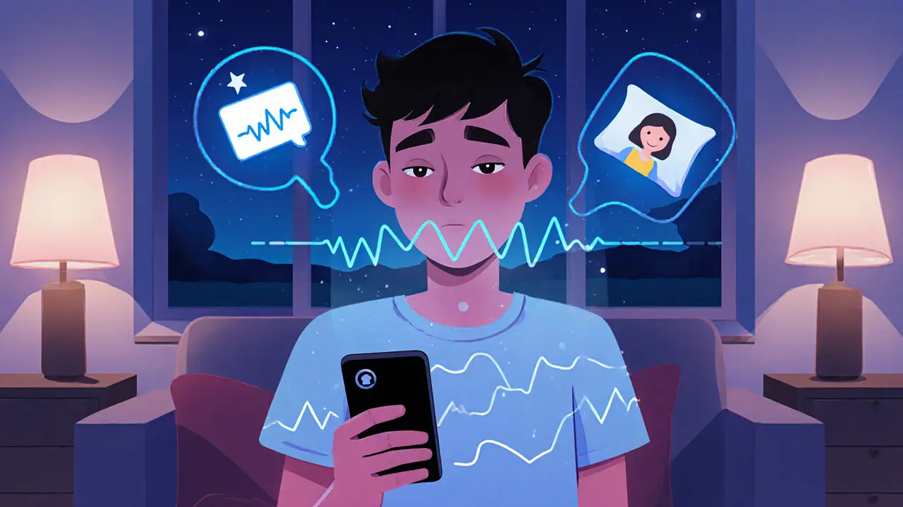 Teenager má smartphone s animovanými daty, hologramy podporují prevenci relapsu.