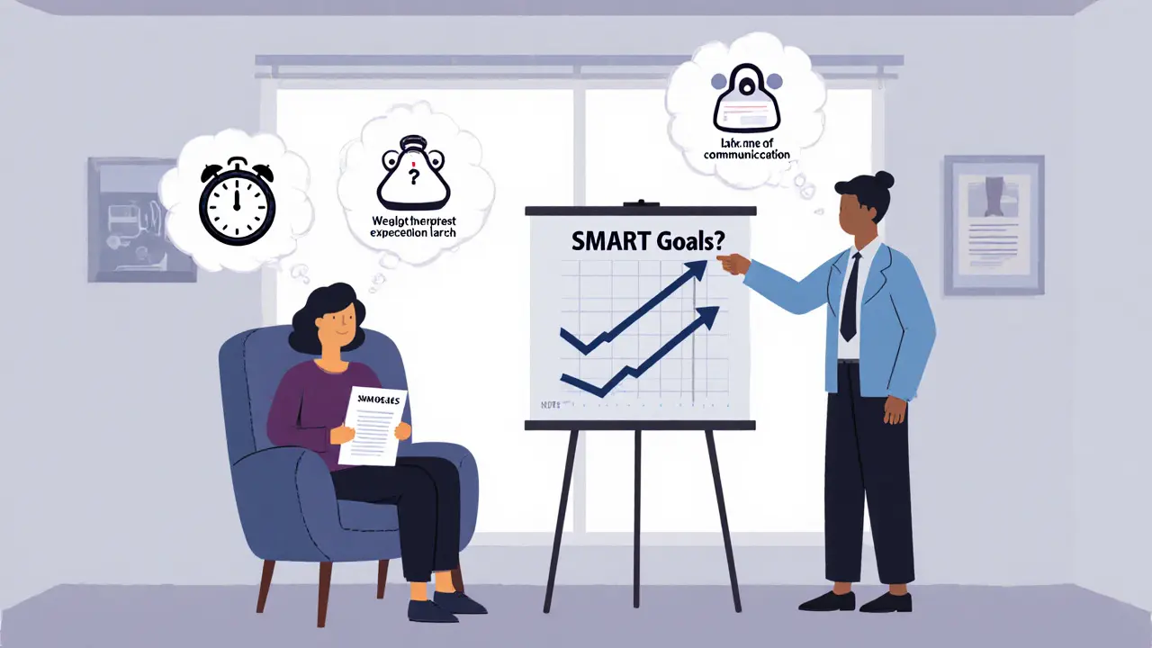 Terapeut a klient probírají SMART cíle, ukazují pokrok a běžné pasti.