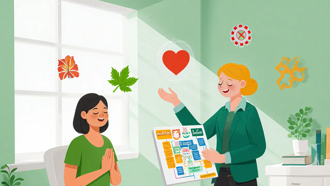 Terapeut ukazuje model Marlattova, klient cvičí dýchání, kolem plavou ikony.