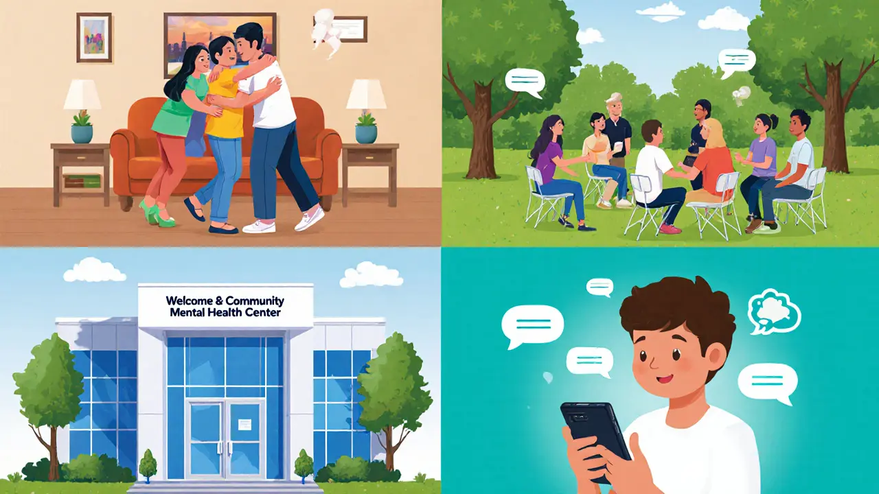 Čtyři panely: rodinná podpora, peer setkání, centrum duševního zdraví, digitální platforma.