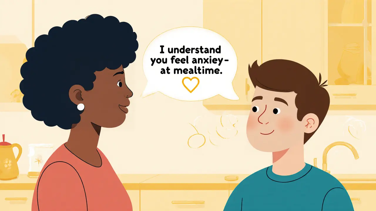 Dva postavy v kuchyni, posluchač opakuje slova mluvčího pomocí &quot;já‑věty&quot;.