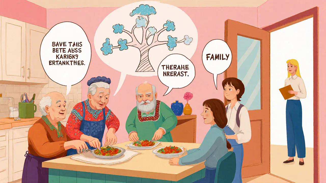 Prarodiče a rodiče připravují tradiční jídlo, vyprávějí rodinné příběhy.