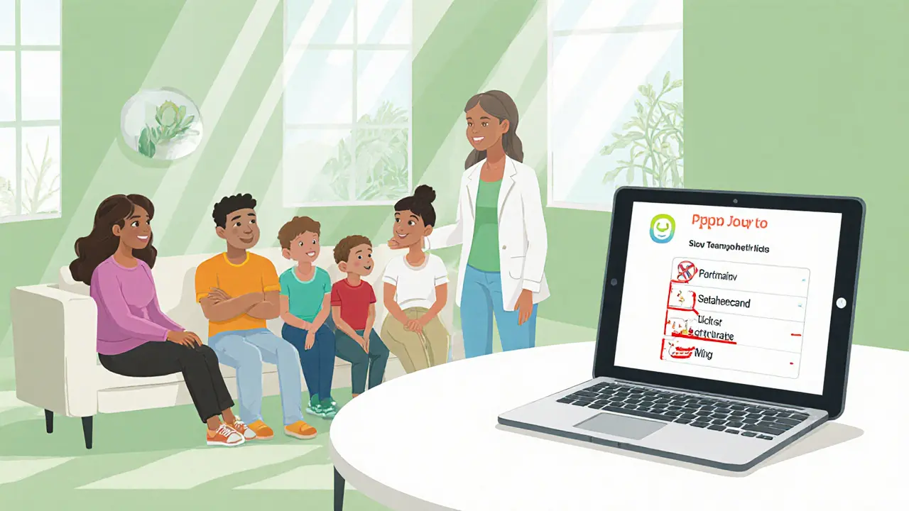 Rodinná terapie, terapeut s rodinou a tablet s aplikací PPP Komunikátor.