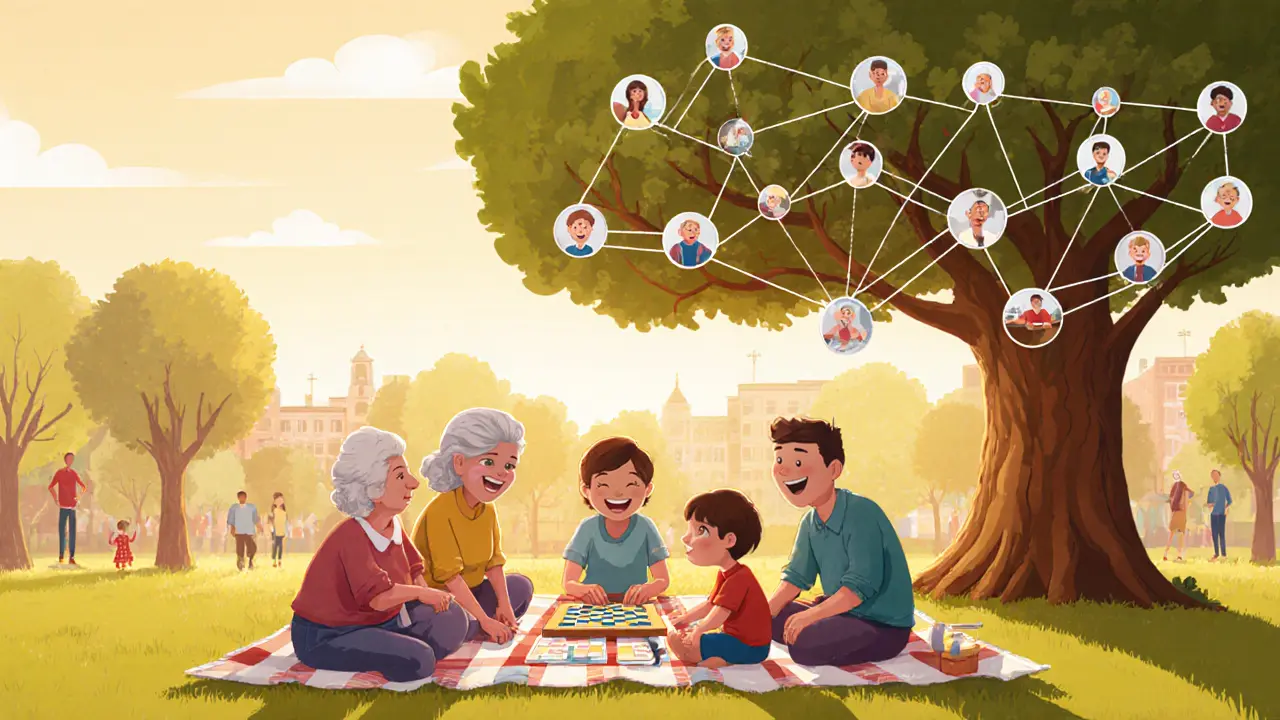 Rozšířená rodina slaví v parku, hraje společnou hru a sdílí radost.