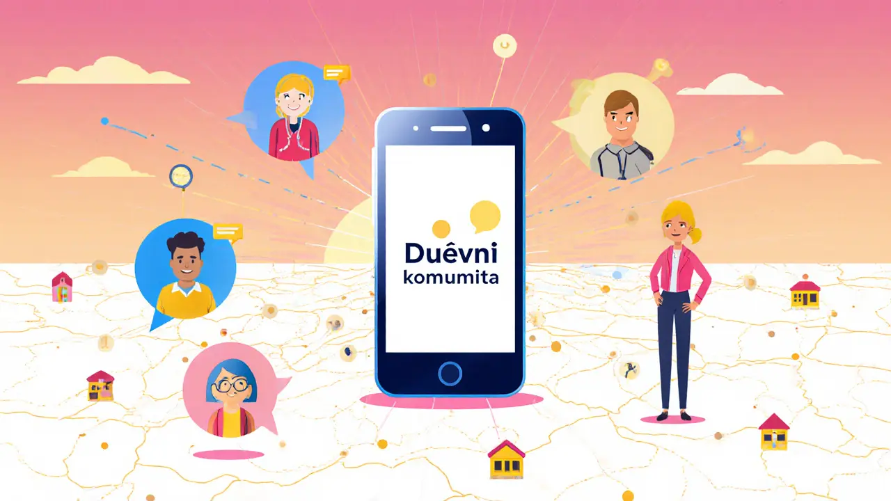 Smartphone spojující různé lidi a centrální mapu Česka, v pozadí východ slunce.