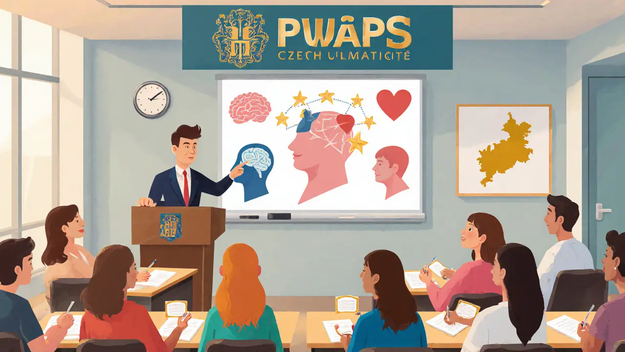 Cartoon učebna v české univerzitě, studenti, lektor, certifikáty a nápis PVŠPS.