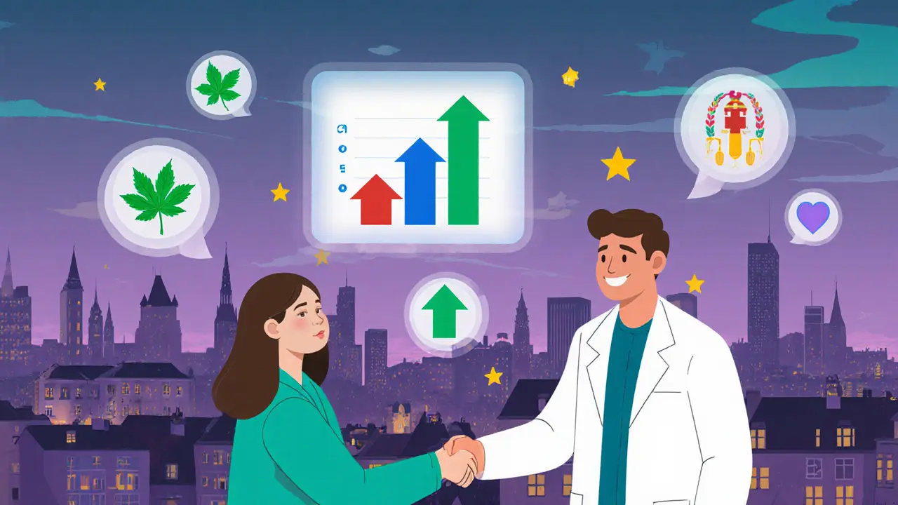 Ilustrovaná statistika: městská silueta, snižující se červené šipky a lékař s pacientem.