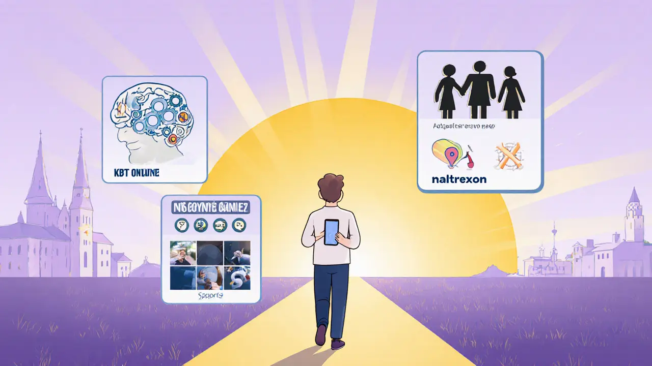 Osoba na cestě ke světlu s mobilní aplikací a ikonami terapie.