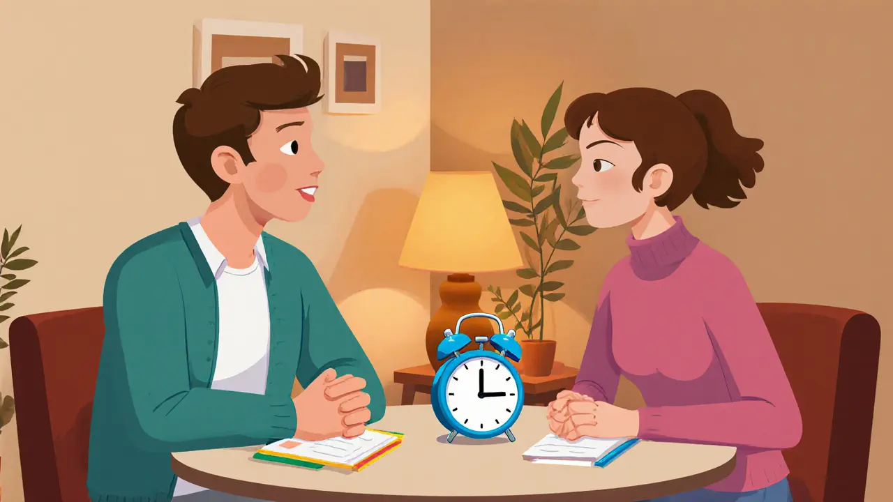 Pár u kulatého stolu cvičí techniku speaker‑listener s poznámkami a časovačem.