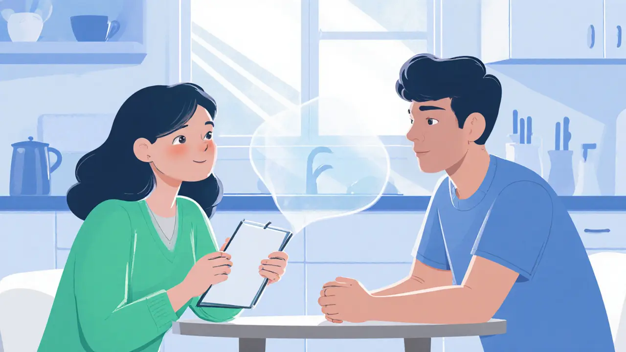 Pár v klidné kuchyni používá „softened startup&quot;, žena mluví jemně, muž naslouchá.