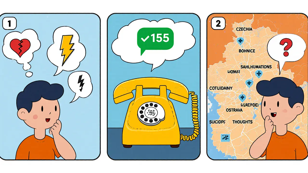 Postup volání na psychiatrickou pohotovost: člověk s telefonem, kroky a mapka nemocnice.