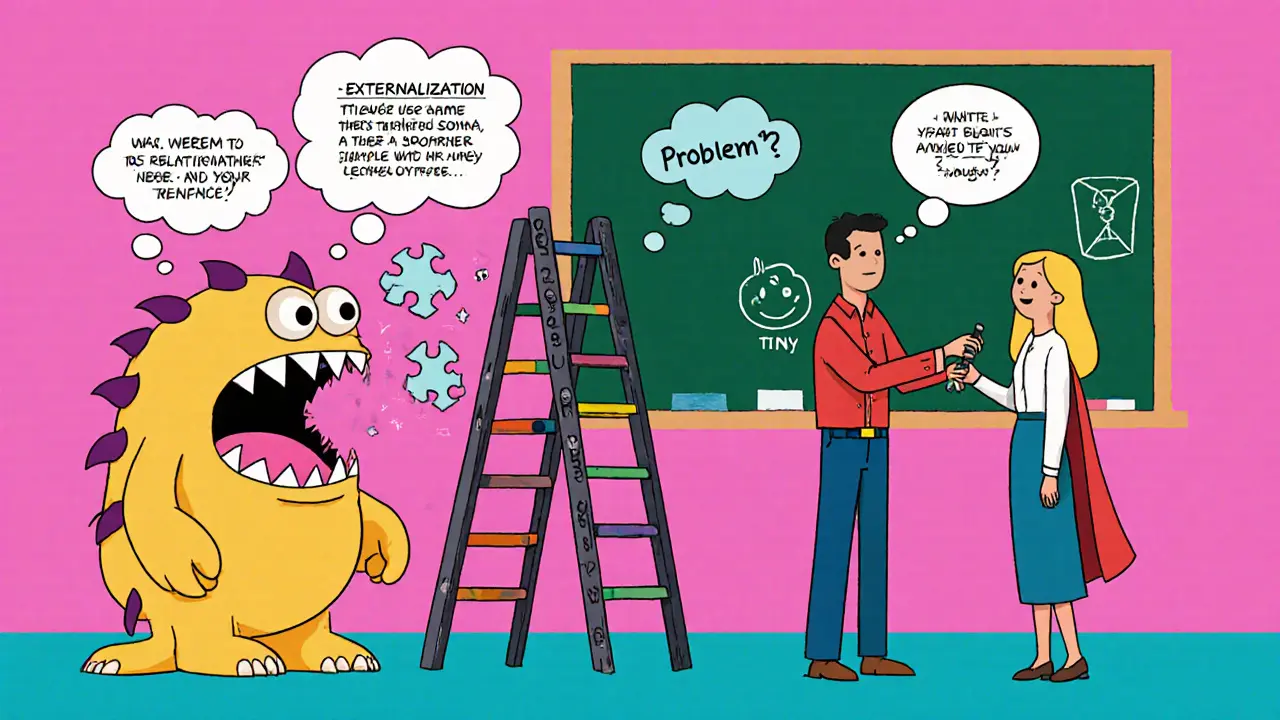 Scéna terapie s bublinami myšlenek, přenosovým monstrem, stupnicí 0‑10 a externalizací problému.