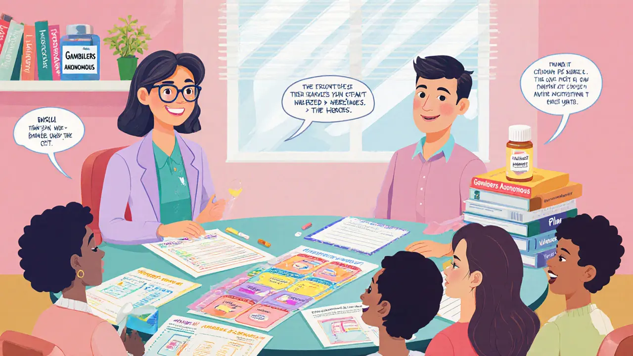 Terapeut a pacient u pracovního sešitu, vedle léků a skupiny GA.