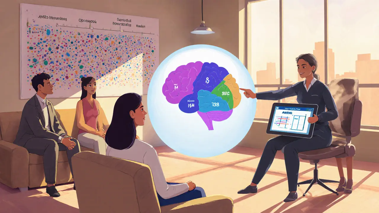 Terapeutický tým u hologramu mozku ukazujícího dimenzionální model osobnostních poruch.