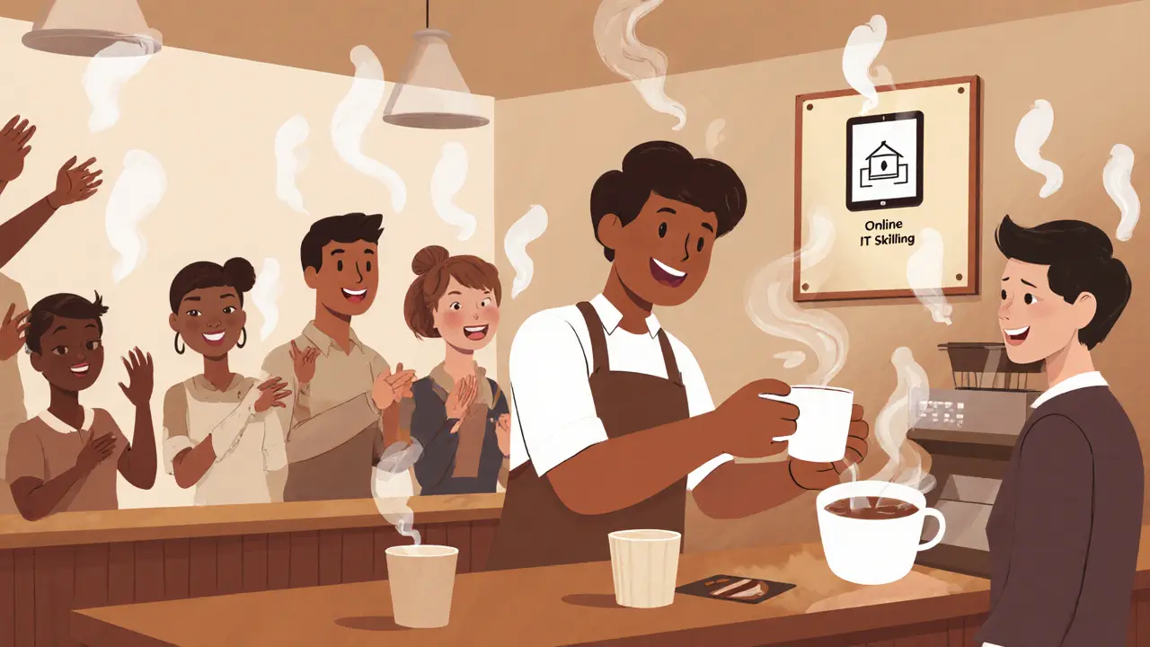 Barmanka v Café Therapy podává kávu, zatímco kolegové a digitální kurz symbolizují úspěch.