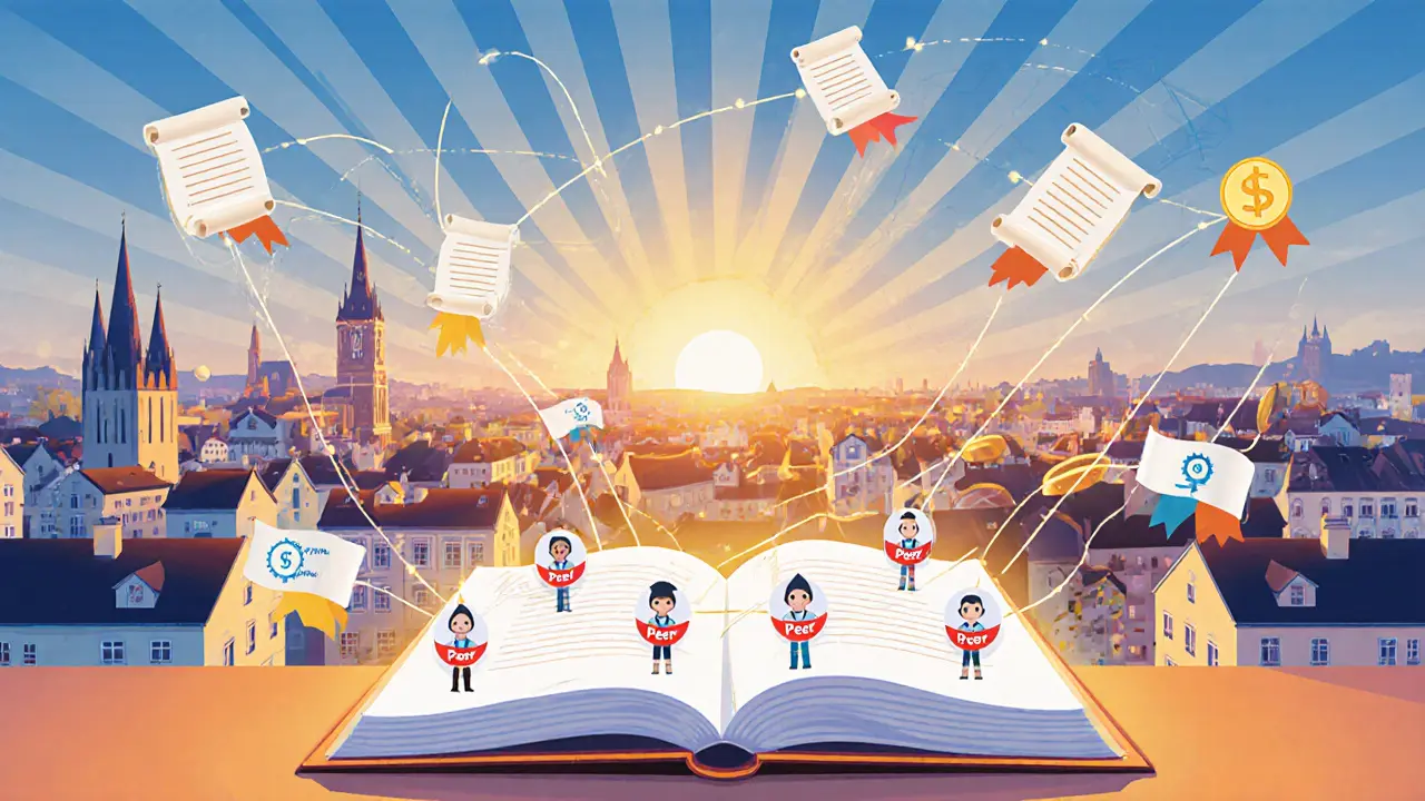 Budoucí panorama Prahy s mnoha peer pracovníky, symboly legislativy a naděje.