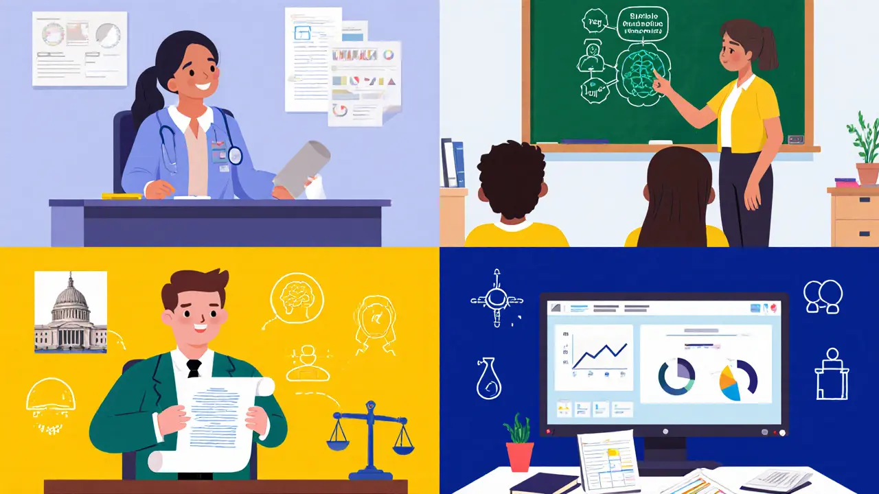 Čtyři postavy představují role peer konzultanta, lektora, advokáta a hodnotitele v různých prostředích.