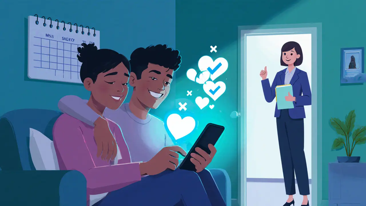 Pár používá aplikaci na telefonu, zatímco terapeut jim přikyvuje v pozadí.