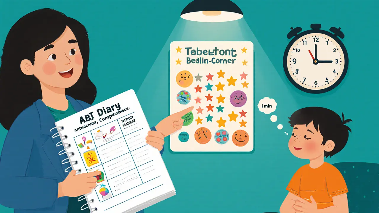 Rodič zapisuje ABC deník, na zdi bodová tabulka s hvězdami a čas‑out rohový kout.