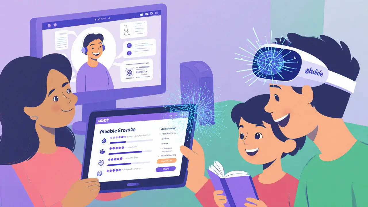 Rodina používá aplikaci na tabletu, dítě s neurofeedback headsetem a virtuální terapeut.