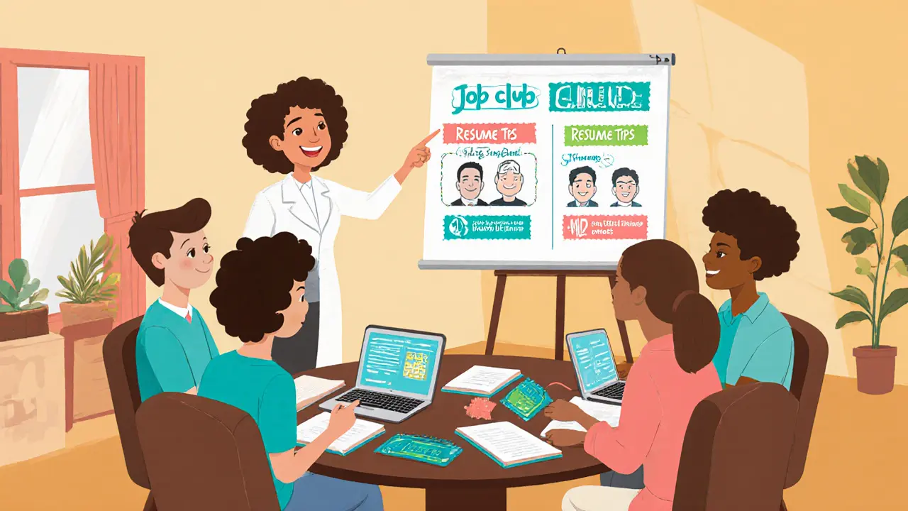 Skupina lidí v jobklubu diskutuje o životopisu a interview pod vedením terapeuta.