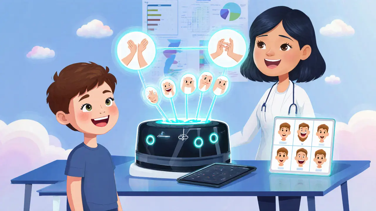 Terapeut a dítě používají AI zařízení, PECS a tablet v moderní místnosti.