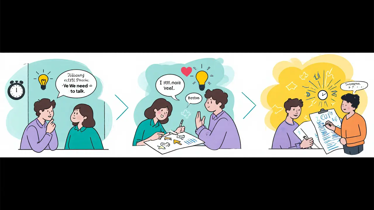 Tři panelové kresby ukazují kroky: oznámení, vyjádření potřeb, společné řešení.