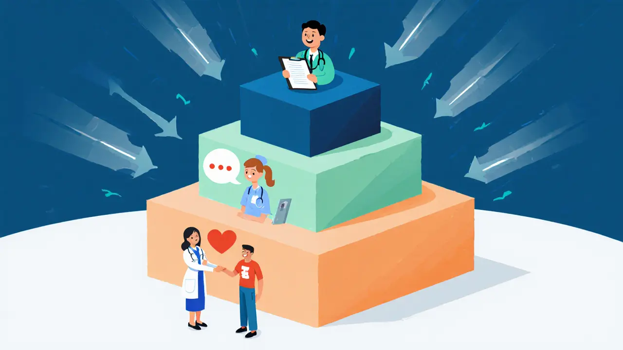 Vizualizace tří úrovní psychoterapeutické péče pomocí ikonek.