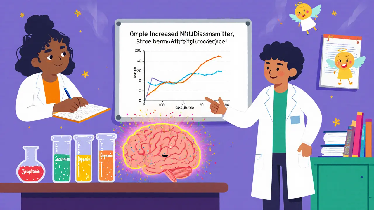 Kreslený mozek v laboratoři s chemikáliemi serotoninu a dopaminu.