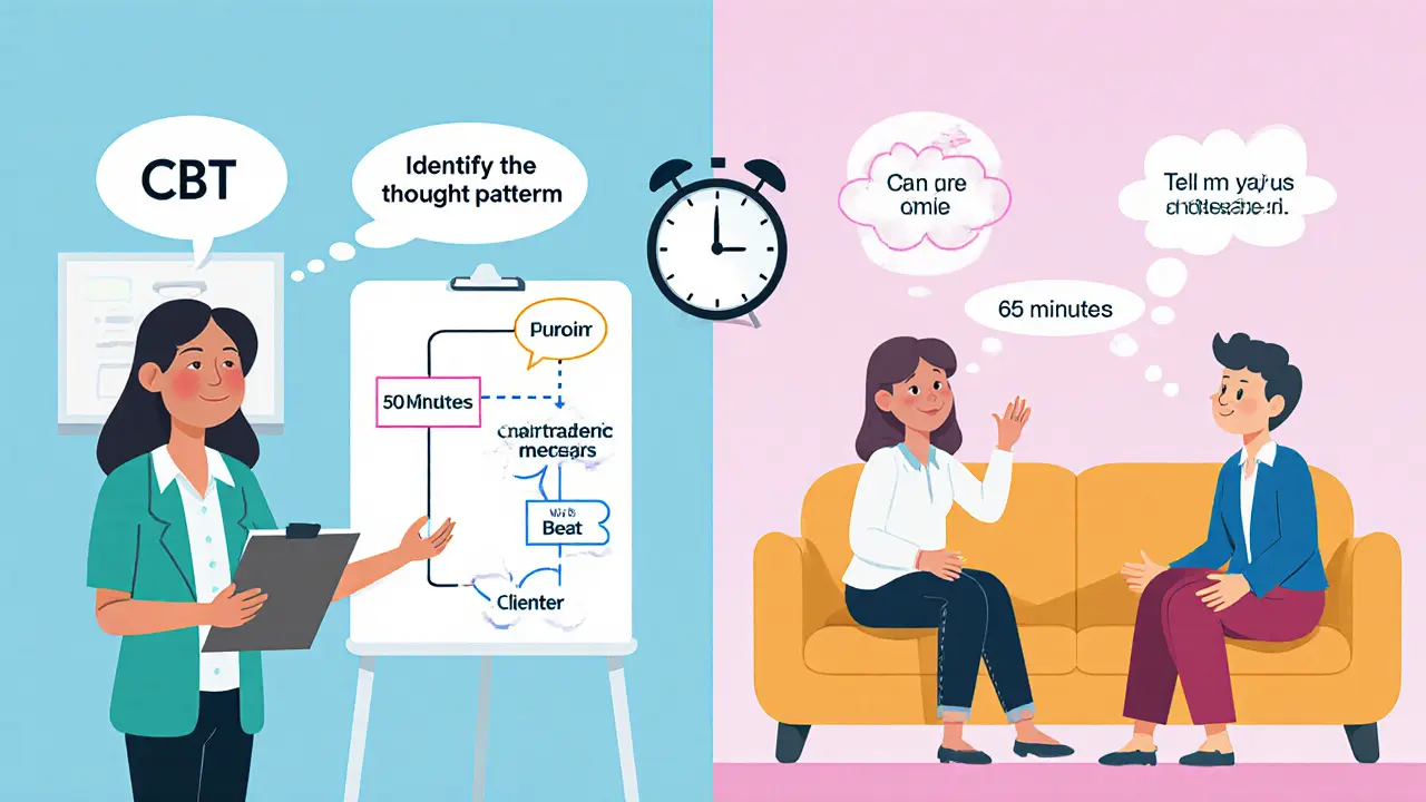 Rozdělený obrázek ukazuje rozdíl mezi CBT a klient‑centrovanou terapií při první schůzce.