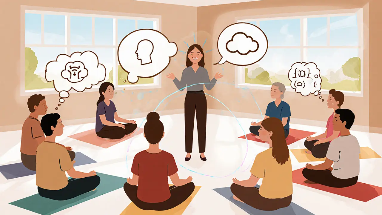 Skupinová MBCT sezení v kruhu, terapeut vede sken těla, všichni meditují.