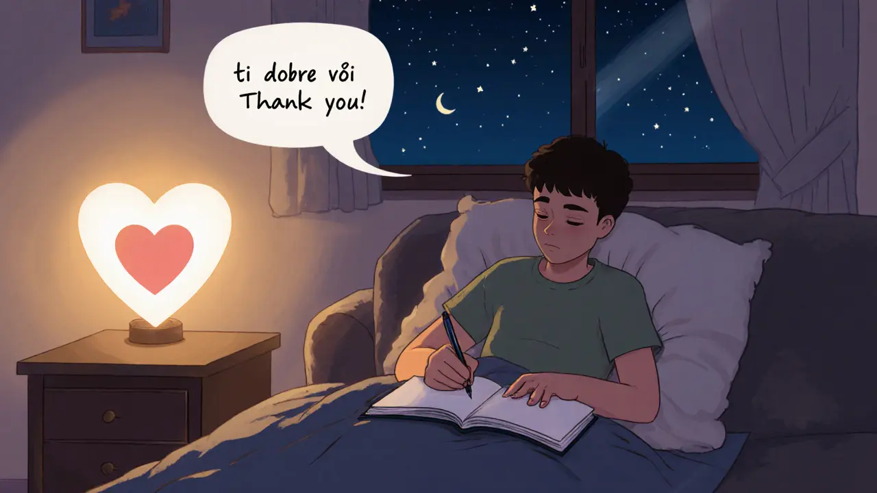 Večerní relaxace s psaním tří dobrých věcí a poděkováním příteli.