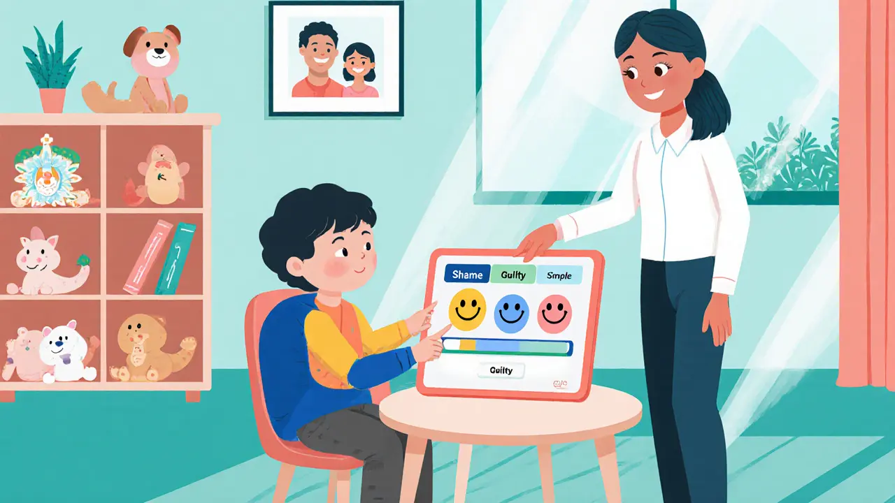 Dítě používá tablet s aplikací pro mapování emocí, terapeut ho povzbuzuje.