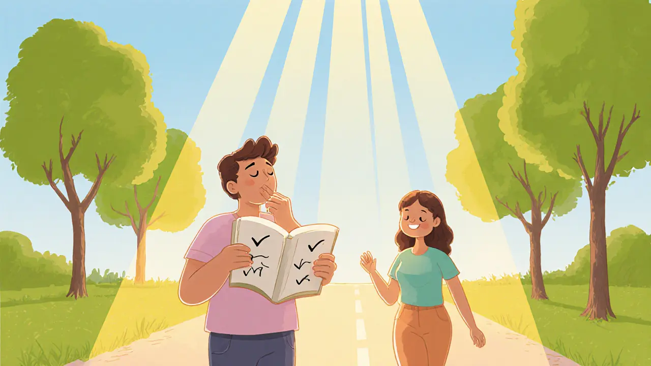 Klidná postava na procházce v parku, dýchá a zapisuje do deníku, vyzařuje úlevu.