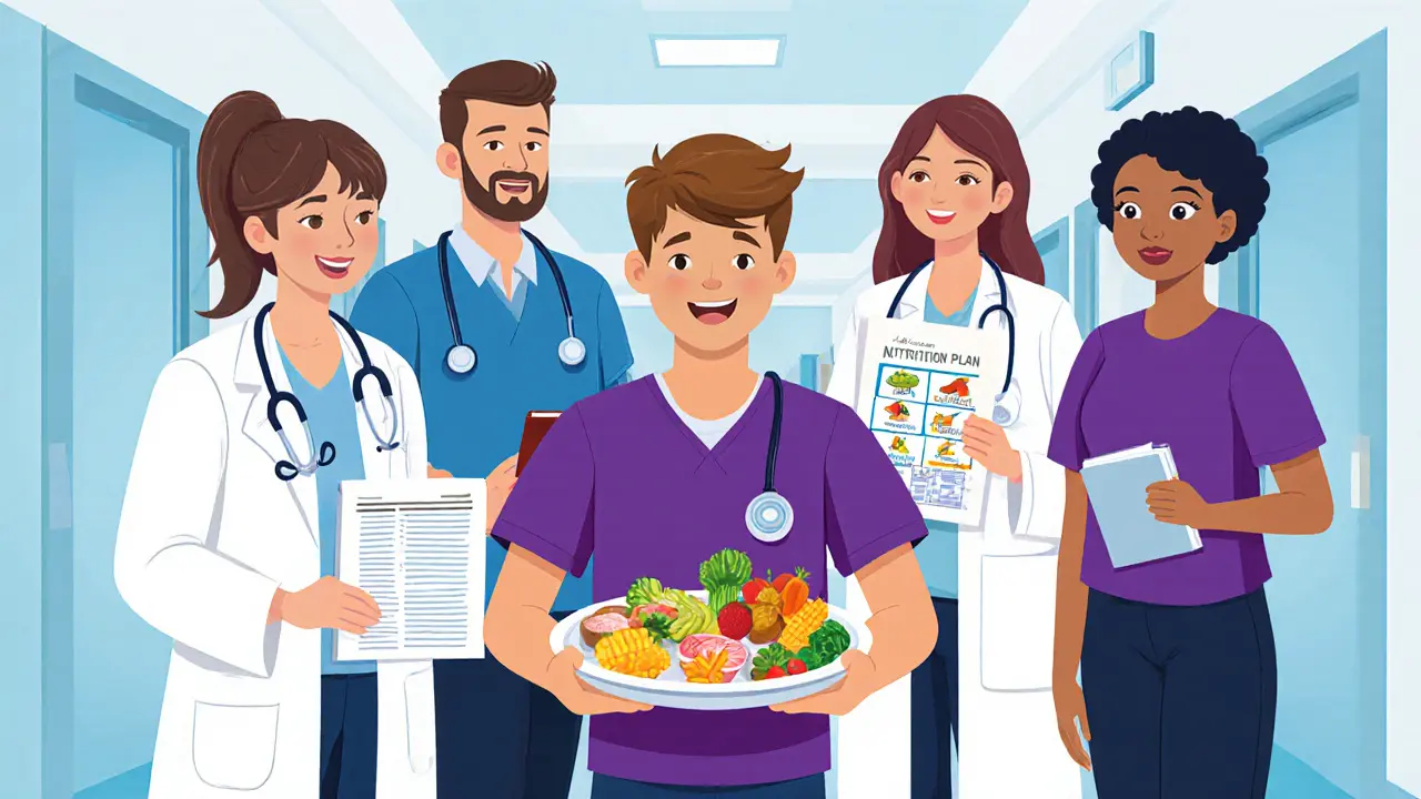 Multidisciplinární tým oslavuje úspěch teenagera s vyváženým jídlem.