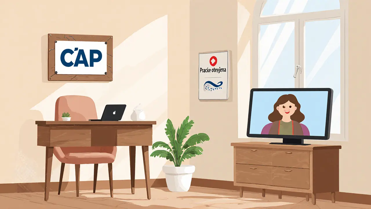 Nový psychoterapeut otevírá útulnou ordinaci s cedulí a digitálním tabletem.