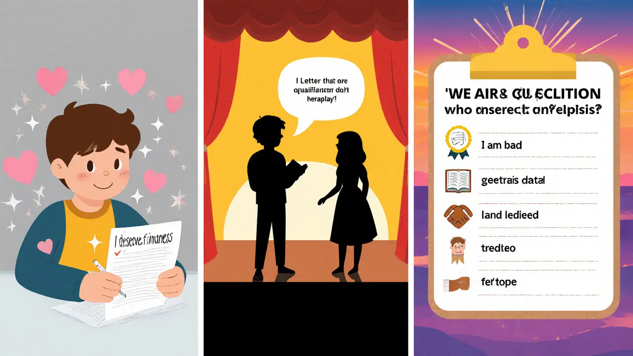 Postupná sebereflexe: psaní dopisu, role‑play transformace a ikonky pro výběr terapeuta.