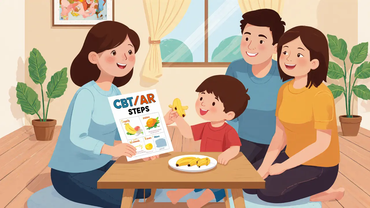 Rodinná terapie: terapeut nabízí dítěti malý kousek jídla, rodiče podporují.