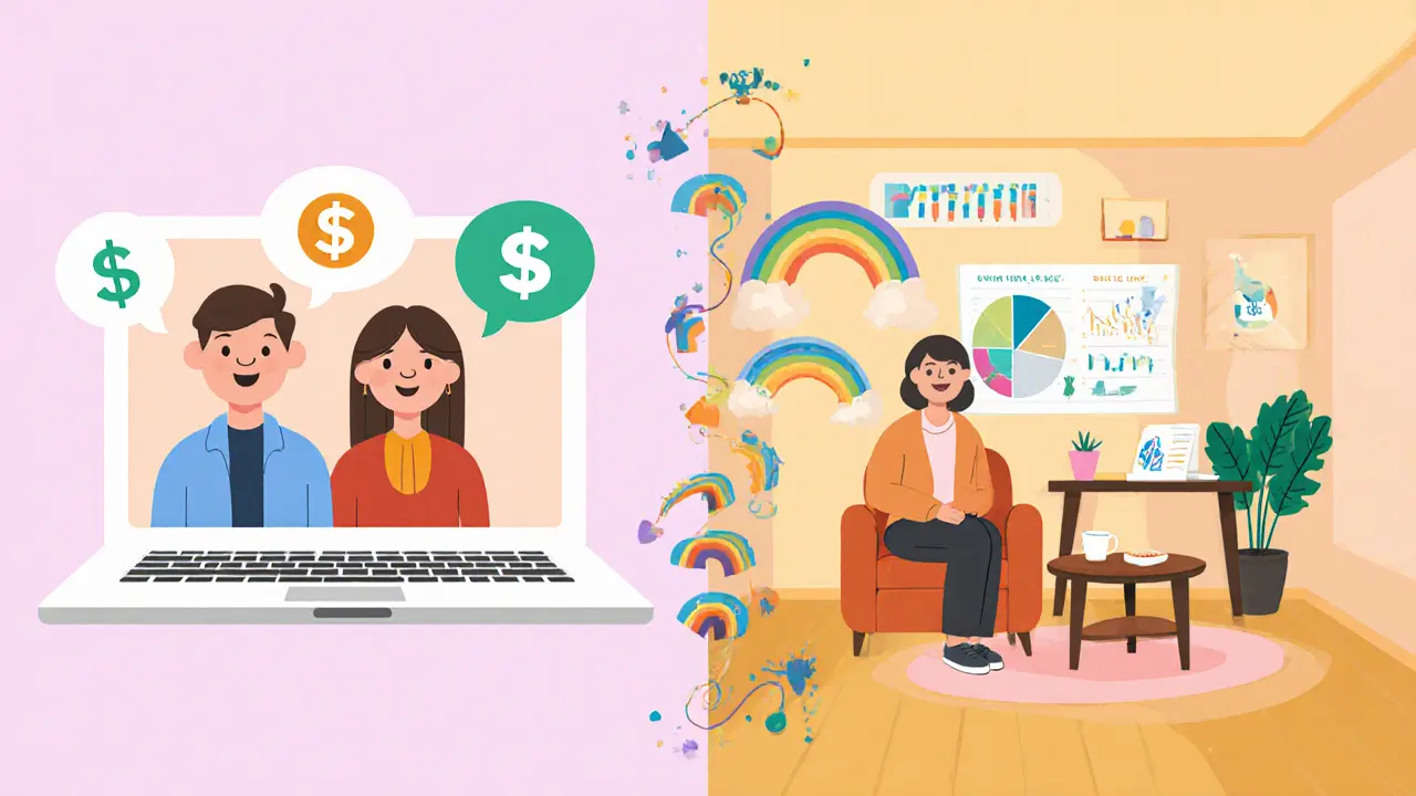 Rozdělený obrázek: online terapie na laptopu vlevo, osobní setkání v kanceláři vpravo, cesta k finanční pohodě.