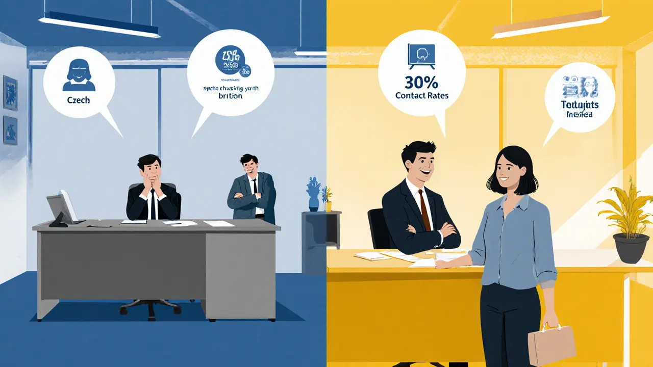 Rozdělený výjev ukazuje český a britský pracovní prostor, rozdílné postoje k duševním poruchám.