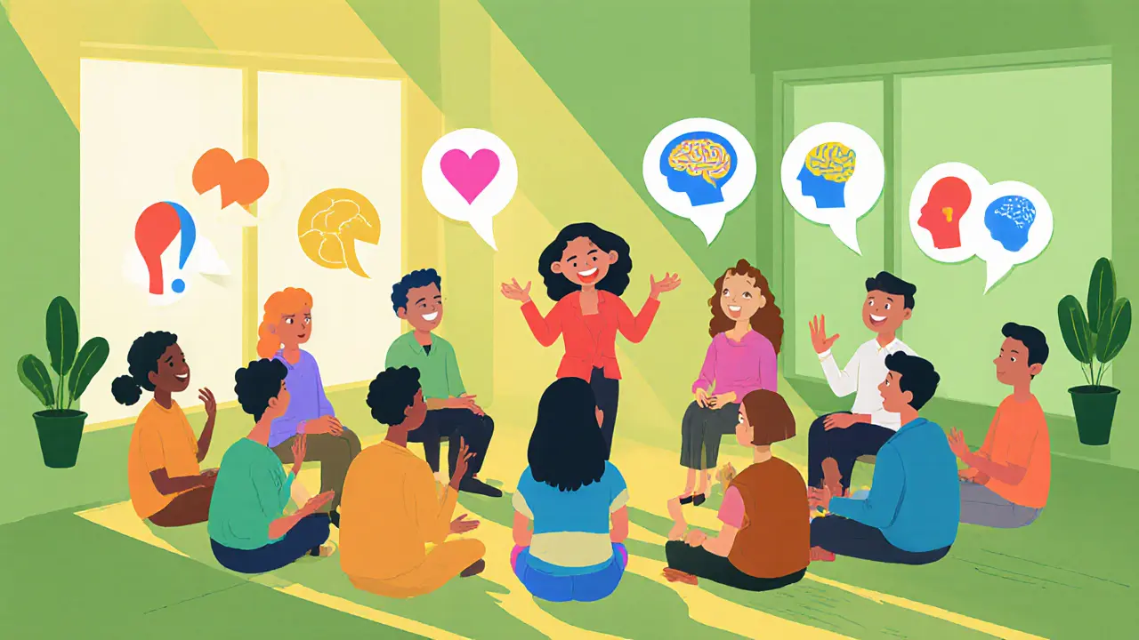 Skupina lidí v kruhu sdílí příběhy o duševním zdraví, podpořena teplým osvětlením.