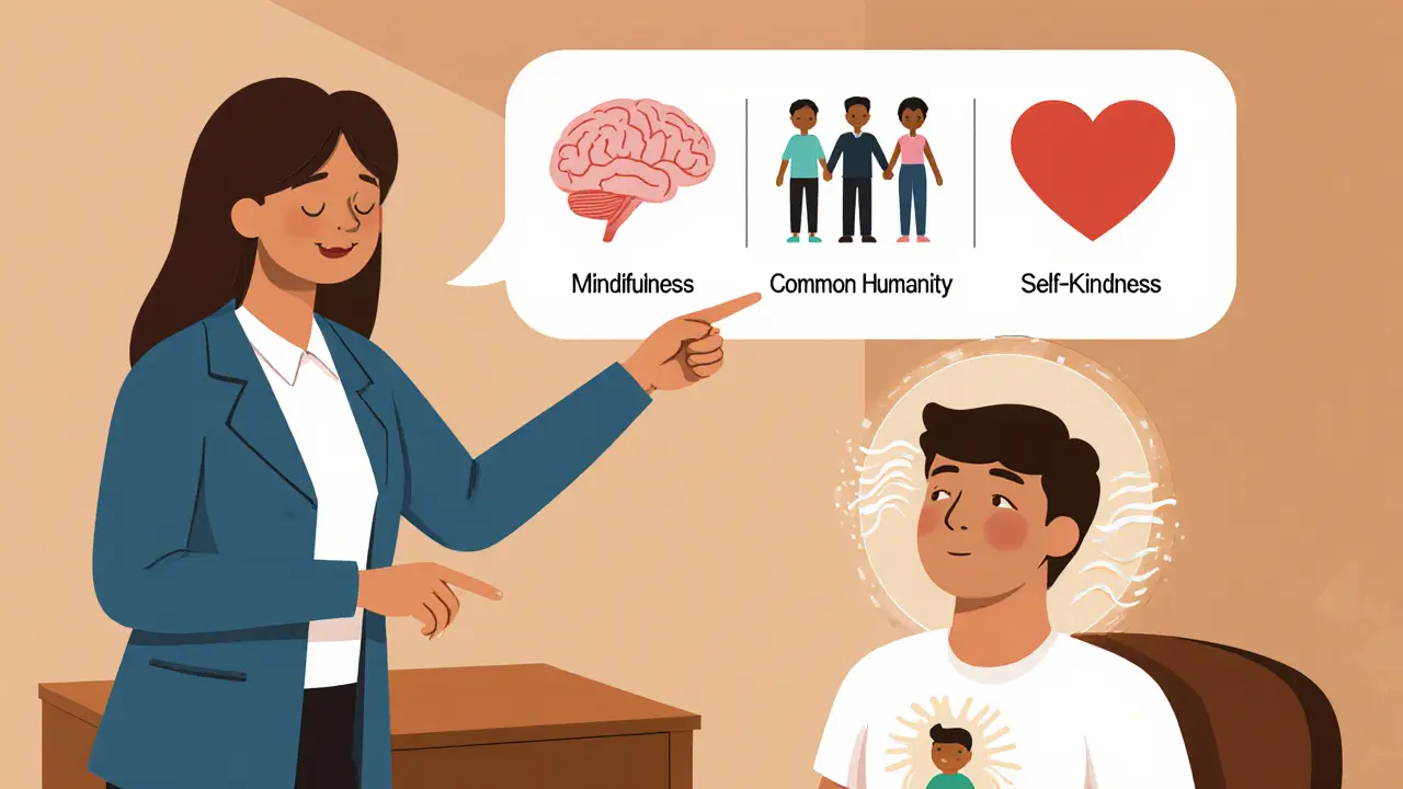 Terapeut a klient provádějí cvičení self‑compassion s ikonami mindfulness, lidskosti a soucitu.