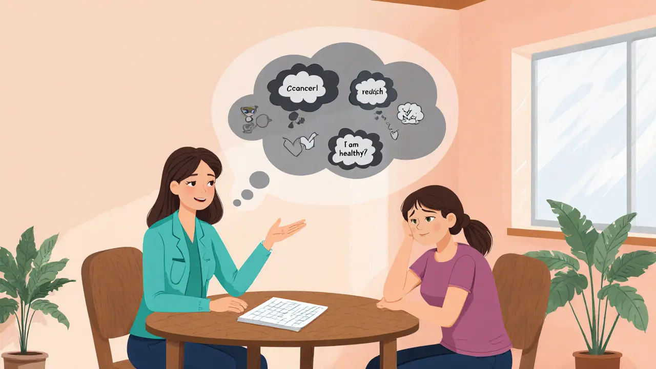 Terapeut a pacient v ilustraci, kde se zobrazuje kognitivně‑behaviorální terapie s myšlenkovými bublinami.