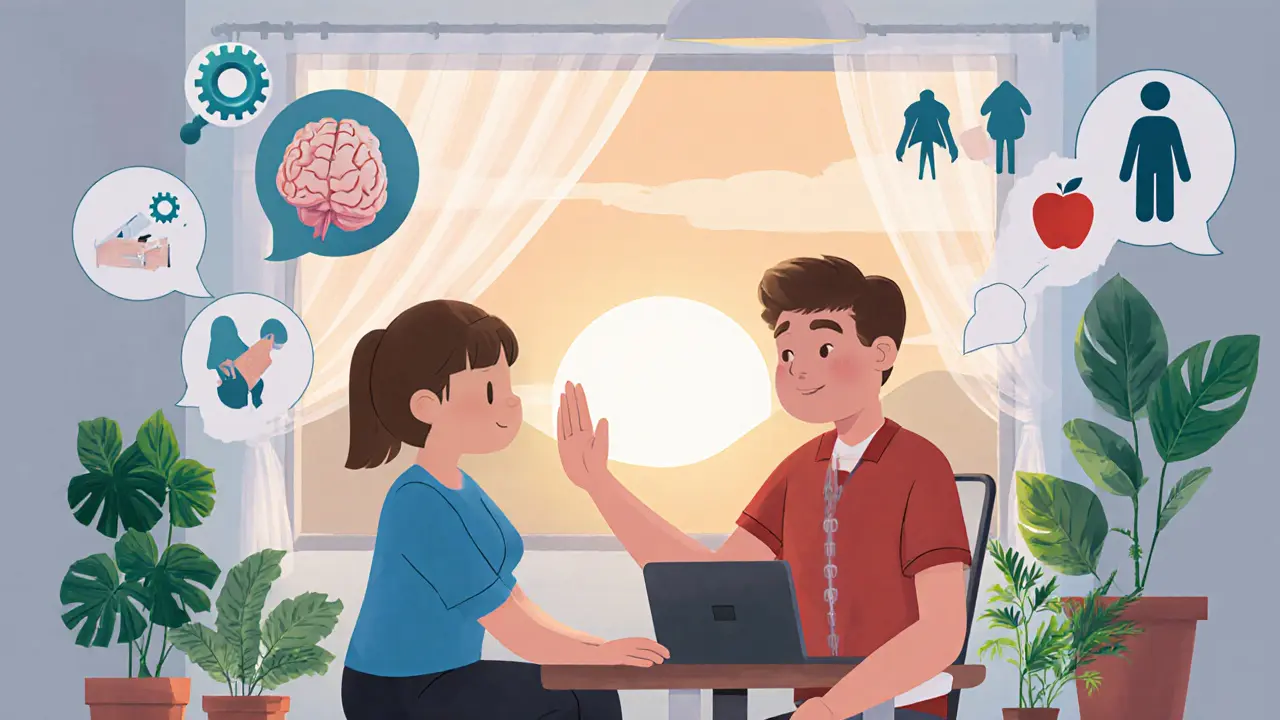 Terapeut a sportovec v klidné místnosti s ikonami terapie a podpory.