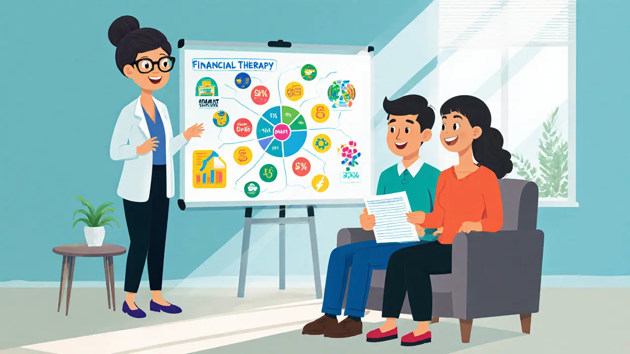 Terapeut ukazuje finanční mapu na tabuli, pár sedí a usmívá se, drží pracovní list.