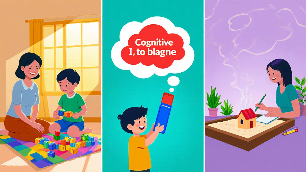 Tři panely: DDP hra, KBT myšlenková bublina s gumou, terapeutická hra s pískovištěm.