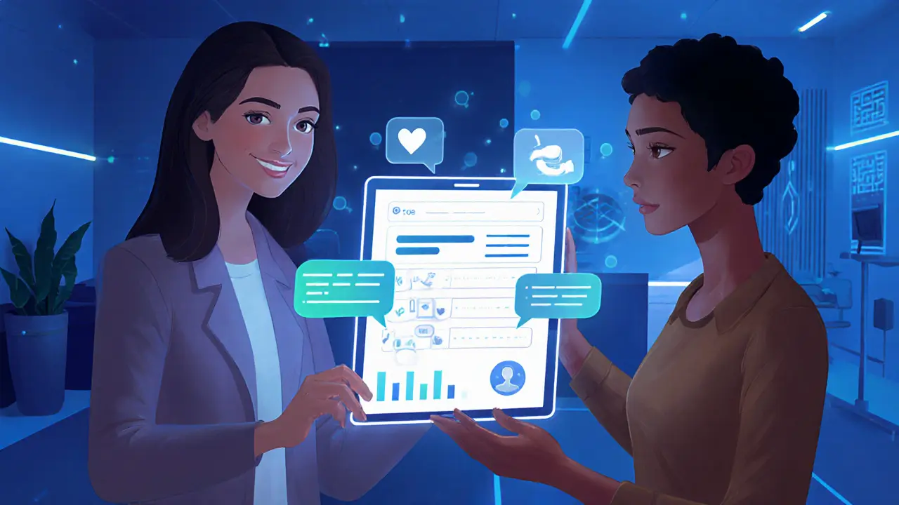 Digitální adaptivní list na tabletu, terapeut a klient analyzují AI zpětnou vazbu.