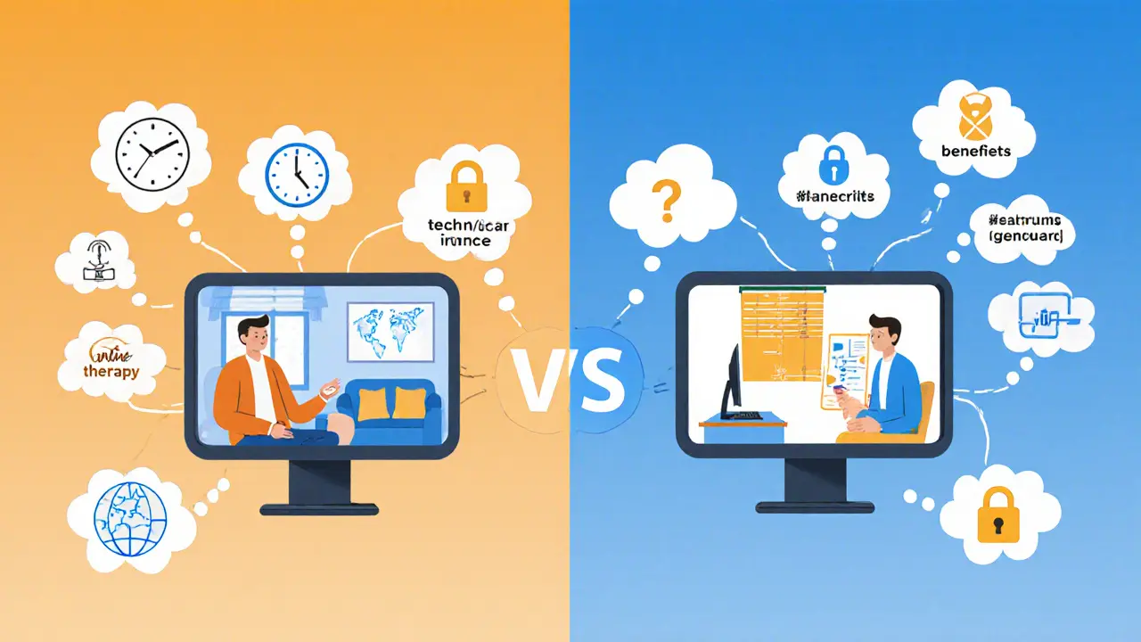 Kresba terapeuta a klienta ukazující výhody a rizika online terapie v myšlenkových bublinách.