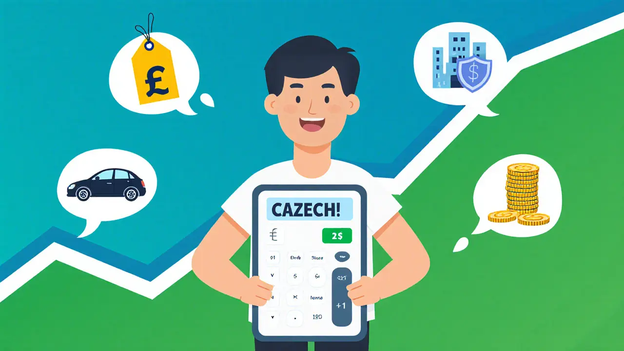 Kreslená postava s kalkulačkou obklopená ikonami cen, cesty, kanceláře a šifrované platformy.